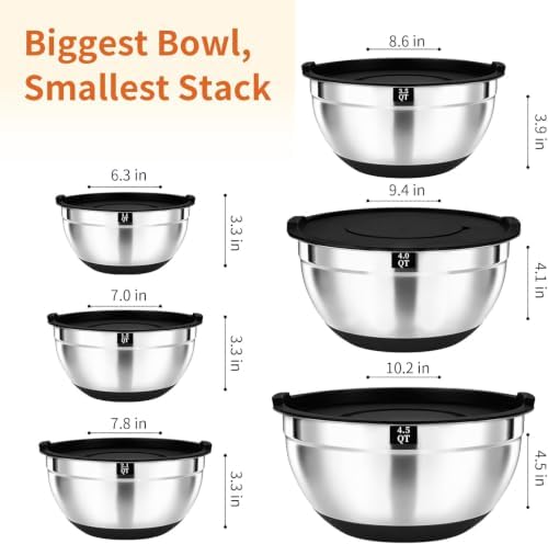 21 PCS Black Mixing Bowls with Lids Set, Size 4.5, 4, 3.5, 2.1, 1.5, 1.1 QT for Baking