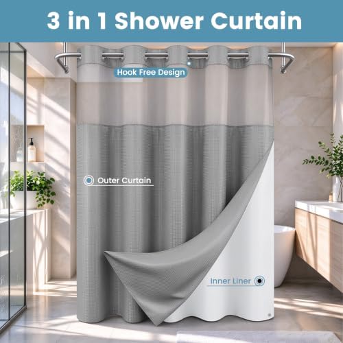 Ringless Waffle Shower Curtain with Snap in Liner Set, 71x74, Grey