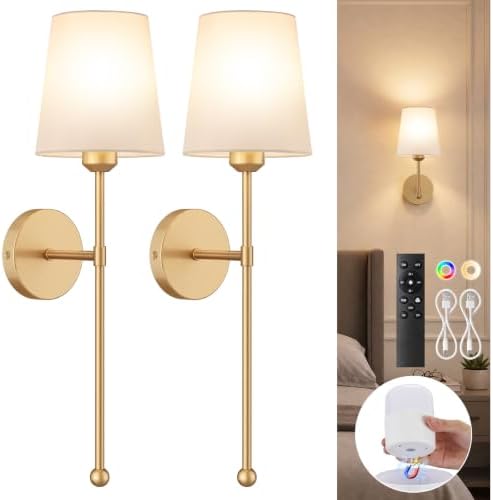 Battery Operated Wall Sconces, Gold, 2 Pack with Magnetic Bulbs,RF Remote