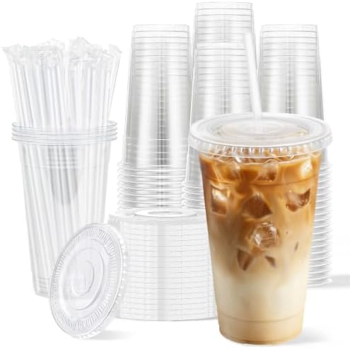 100 Pack 20 oz Disposable Clear Plastic Cups with Lids and Straws