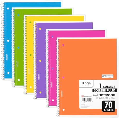 Mead Spiral Notebook, 6 Pack, 1 Subject, College Ruled Paper, 7-1/2" x 10-1/2"
