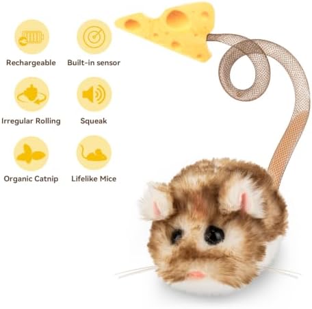 Migipaws Interactive MigiMouse Cat Toy 360° Rolling & Spin with Mesh Plastic Tail for