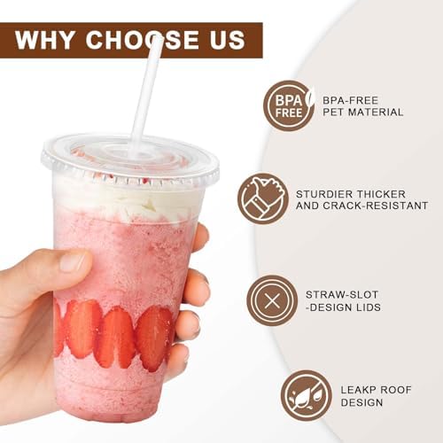 100 Pack 20 oz Disposable Clear Plastic Cups with Lids and Straws