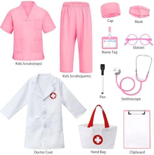 12 PCS Doctor Costume for Kids,Scrubs Nurse Costume for Girls Boys