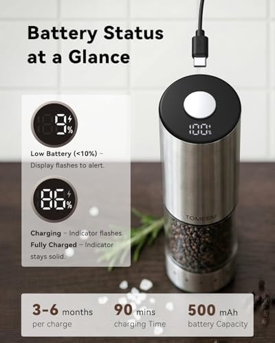 TOMEEM Rechargeable Electric Salt and Pepper Grinder Set, Battery Display