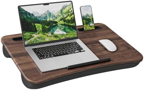SONGMICS Laptop Lap Desk with Cushion, Brown PVC Leather, Fits 15.6" Laptop