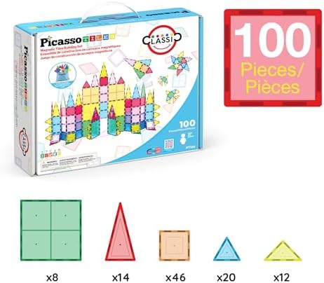 PicassoTiles 100 Piece Magnetic Tiles, Clear 3D Building Blocks for Kids 3+