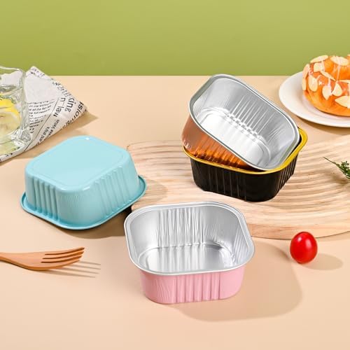 10oz Mini Cake Pans with Lids (40 Pack) Aluminum Foil Square Cupcake Liners Brownie