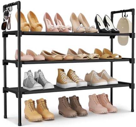 3 Tier Shoe Rack for Closet, Shoe Organizer with 5 Hooks