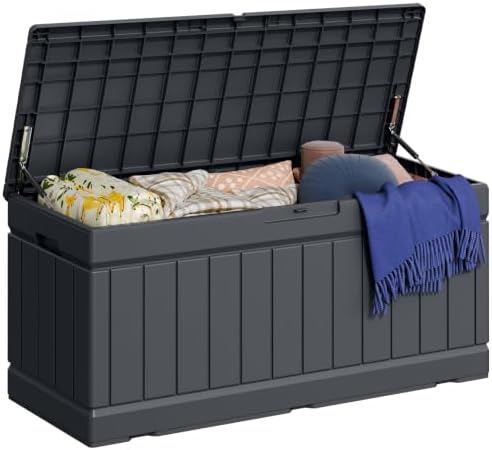 Greesum 82 Gallon Resin Deck Box, All Weather Outdoor Storage, Dark Gray