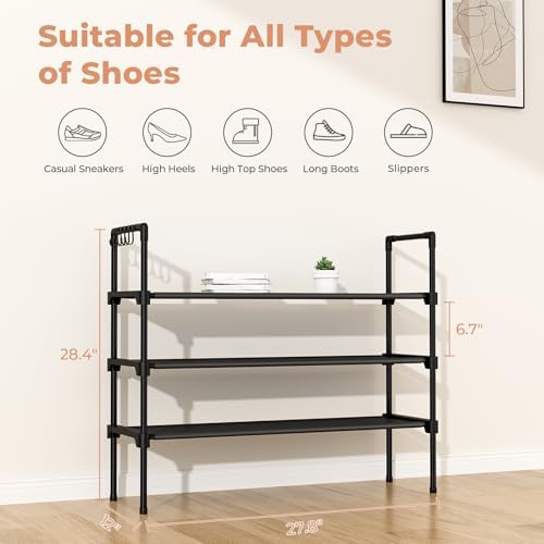 3 Tier Shoe Rack for Closet, Shoe Organizer with 5 Hooks