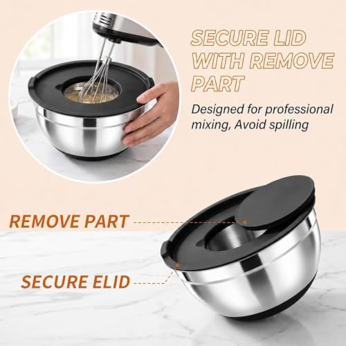 21 PCS Black Mixing Bowls with Lids Set, Size 4.5, 4, 3.5, 2.1, 1.5, 1.1 QT for Baking
