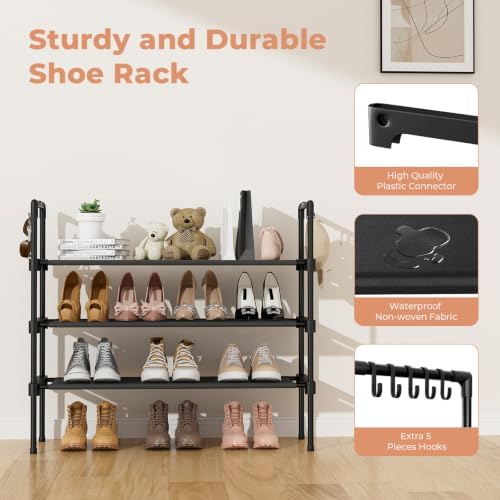 3 Tier Shoe Rack for Closet, Shoe Organizer with 5 Hooks