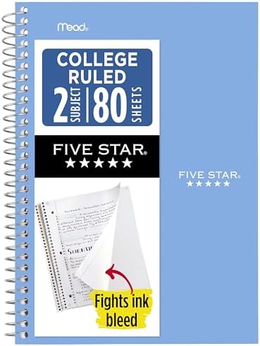 Five Star Spiral Notebook, 2 Subject, College Ruled Paper, 6" x 9.5", 80 Sheets