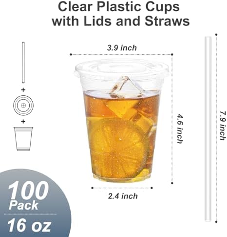 Dealusy 100 Pack - 16 oz Clear Plastic Cups with Lids and Straws