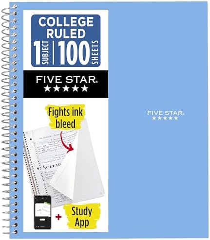 Five Star Spiral Notebook + Study App, 1 Subject, College Ruled 8.5" x 11" Paper