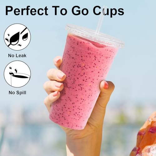Lamosi 100 Pack 20 oz Plastic Coffee Cups with Lids, Disposable Clear Cups