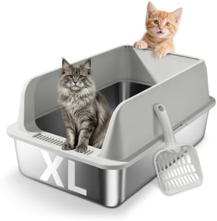Stainless Steel Cat Litter Box - High Side Pan with Anti-Tracking Step