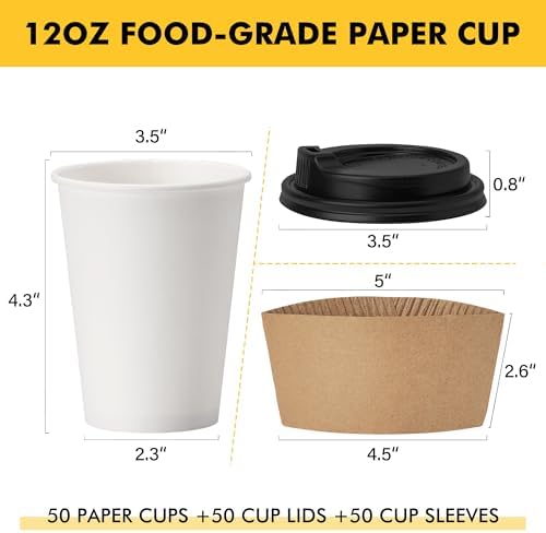 RACETOP 12 oz 50 pack Disposable Paper Coffee Cups with Lids and Sleeves