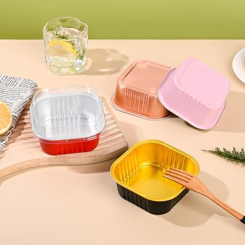 10oz Mini Cake Pans with Lids (40 Pack) Aluminum Foil Square Cupcake Liners Brownie