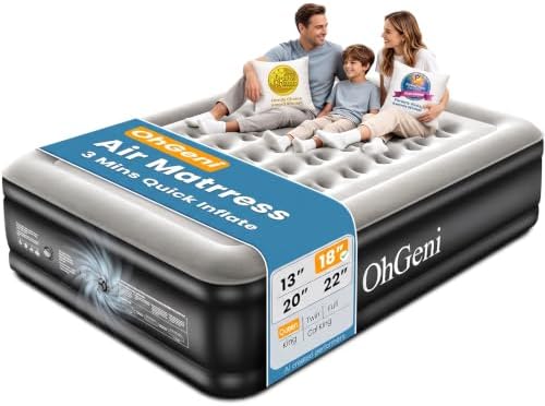 OhGeni Air Mattress Queen with Built in Pump, 18" Raised Blow up Bed, 800lb