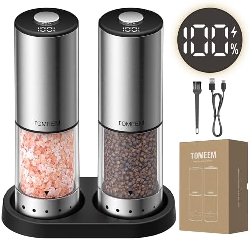 TOMEEM Rechargeable Electric Salt and Pepper Grinder Set, Battery Display