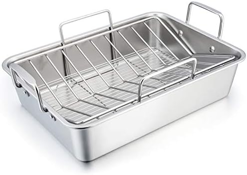 TeamFar Stainless Steel Roasting Pan, 16 Inch Large Turkey Roaster Pan