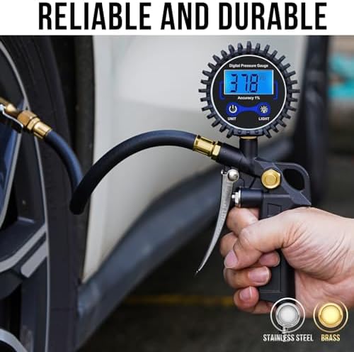 Digital Tire Pressure Gauge with Inflator 3-250 PSI Heavy Duty