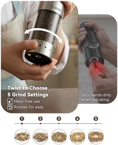 TOMEEM Rechargeable Electric Salt and Pepper Grinder Set, Battery Display
