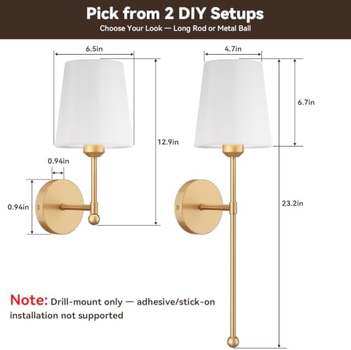 Battery Operated Wall Sconces, Gold, 2 Pack with Magnetic Bulbs,RF Remote