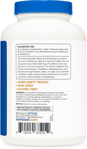 Nutricost Caffeine Pills, 200mg Per Serving (500 Caps)