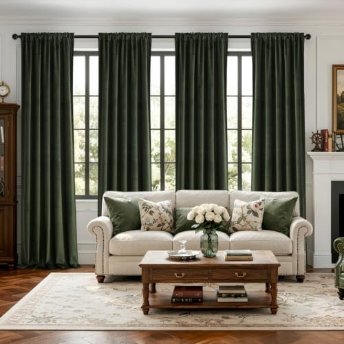 MIULEE Olive Green Velvet Curtains 4 Panels Set Back Tab 40x84 Inch Long