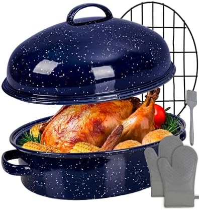 Turkey Roasting Pan with Lid & Rack, 18" Enamel Large Roaster Pan Set