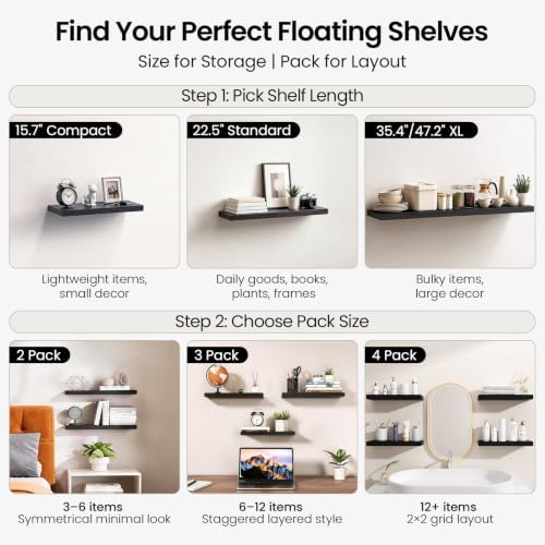 BAYKA Black Floating Shelves 15.7in, Set of 3, Wall Mount Rustic Wood Shelf