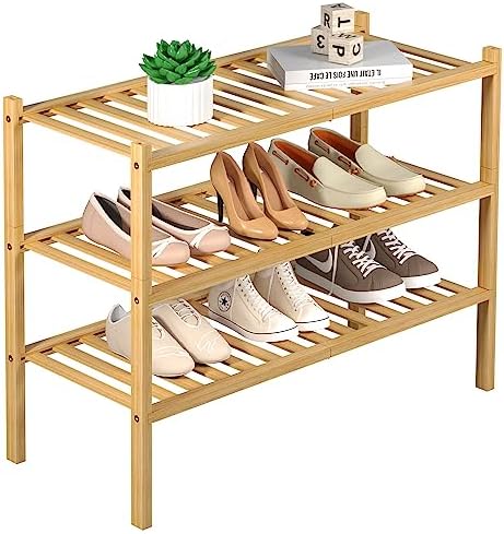 ROMGUAR CRAFT 3 Tier Bamboo Shoe Rack for Closet Free Standing Wood Shoe Shelf Storage