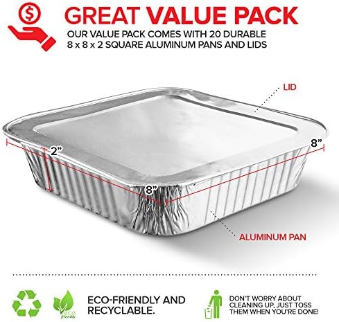 Stock Your Home 8x8 Foil Pans with Lids (20 Pack) 8 Inch Square Aluminum Pans with Covers