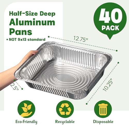 9x13 Aluminum Pans [40 Pack], Extra Heavy Duty Half Size Disposable Aluminum Foil Pans