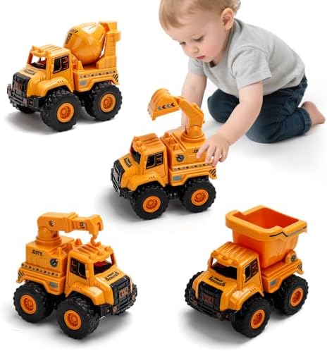 Construction Truck Toys for Toddlers 1-3, Push and Go Toy Vehicles Set with Mixer