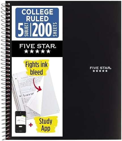 Five Star Spiral Notebook + Study App, 5 Subject, College Ruled Paper, 8-1/2" x 11"