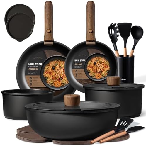 CAROTE 21pcs Pots and Pans Set Non Stick, Detachable Handle Cookware, Black