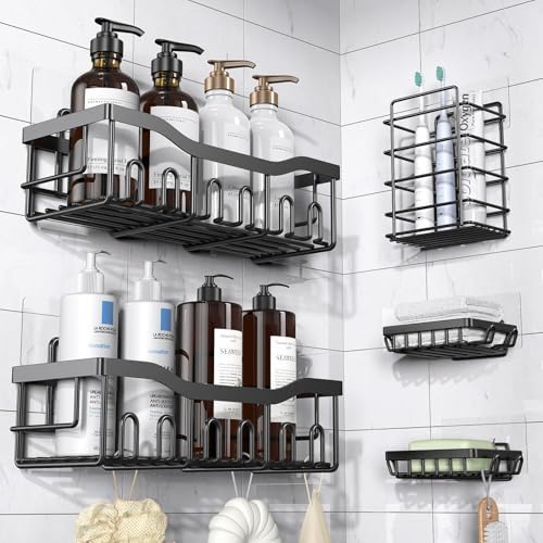 EUDELE Adhesive Shower Caddy, 5 Pack Rustproof Stainless Steel Bath Organizers With Large