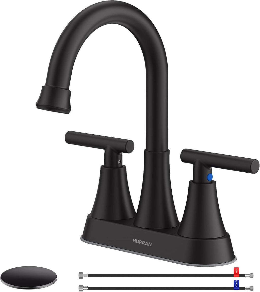 Bathroom Faucets for Sink 3 Hole, Hurran 4 inch Matte Black with Pop-up Drain - bathroom sink faucet hole diameter