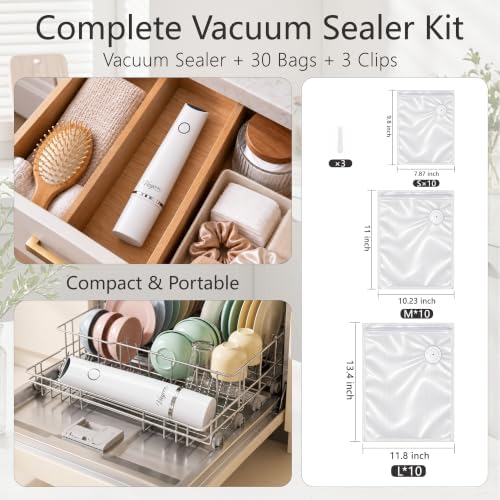 60kPa Compact Food Vacuum Sealer Kit with 30 Reusable Bags-10S/M/L