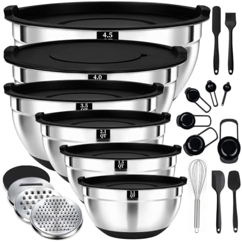 21 PCS Black Mixing Bowls with Lids Set, Size 4.5, 4, 3.5, 2.1, 1.5, 1.1 QT for Baking