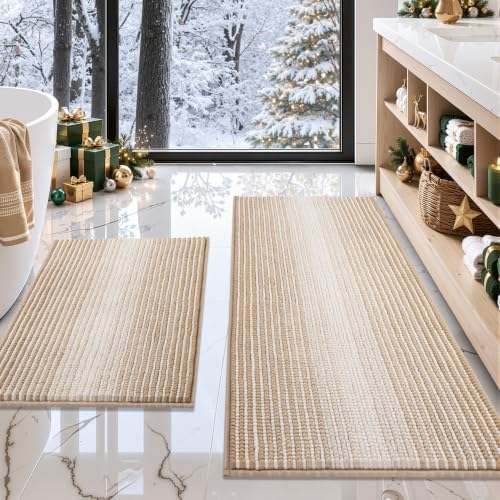 Bathroom Rugs Sets 2 Piece, Non Slip Boho Bath Mats, Beige