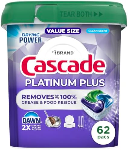 Cascade Platinum Plus Dishwasher Pods, Dish Detergent Soap, Clean Scent, 62 Count