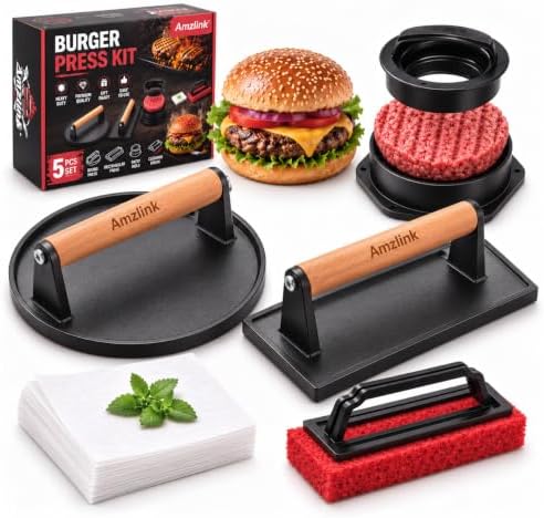 5 Pcs Smash Burger Press Kit, Cast Iron Burger Smasher, Steak Weight
