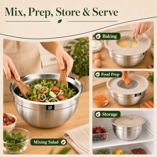 8PCS Stainless Steel Mixing Bowls with Lids - 5PCS Nesting Bowls