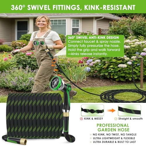 100 ft Non-Expanding Garden Hose, 360° Anti-Kink Swivel Fittings