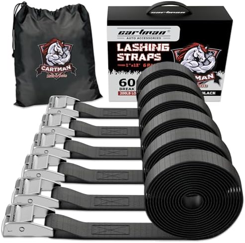 Cartman 1" x 12 ft Lashing Straps, 6 Pack, 600 lb Break Strength, Black